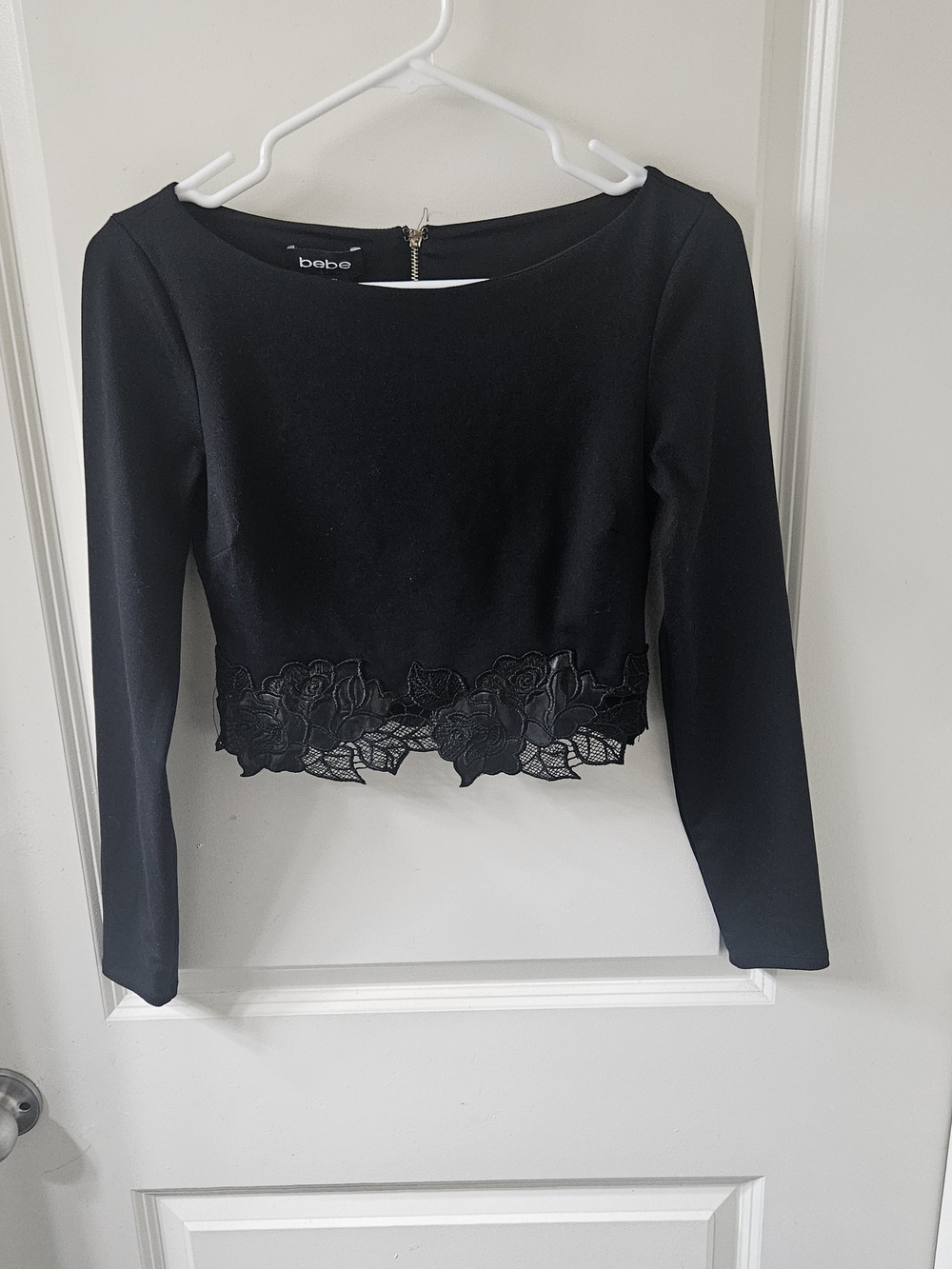 bebe Black Long Sleeve Cropped Top with Lace-Hem